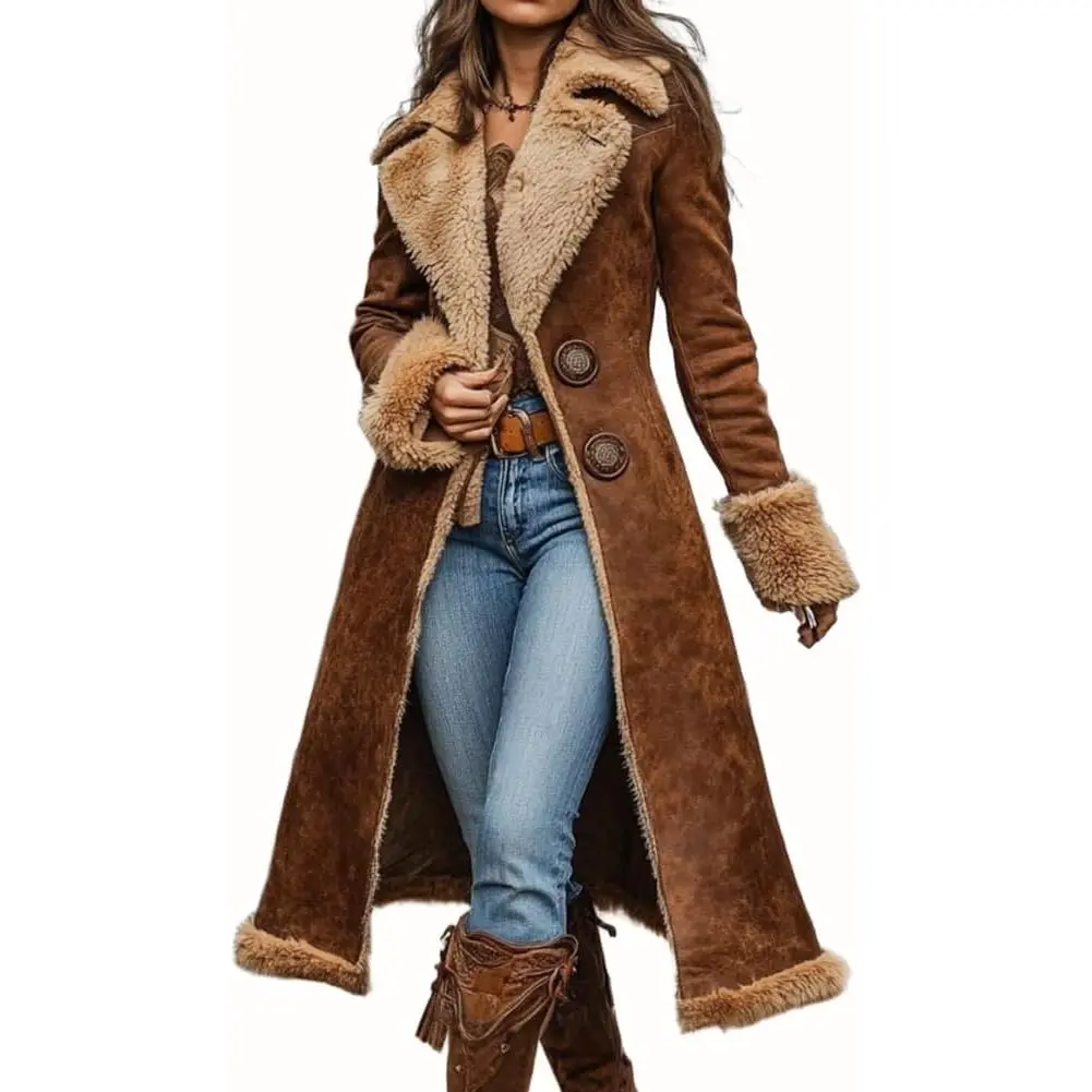 Women's Faux Suede Sherpa Lined Midi Long Jacket Fleece Notch Lapel Winter Trench Coat Leather Long Sleeve