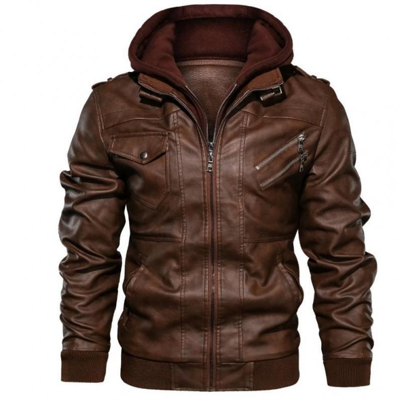 Men Brown Leather Motorcycle Jacket with Removable Hood Hoodie Casual
