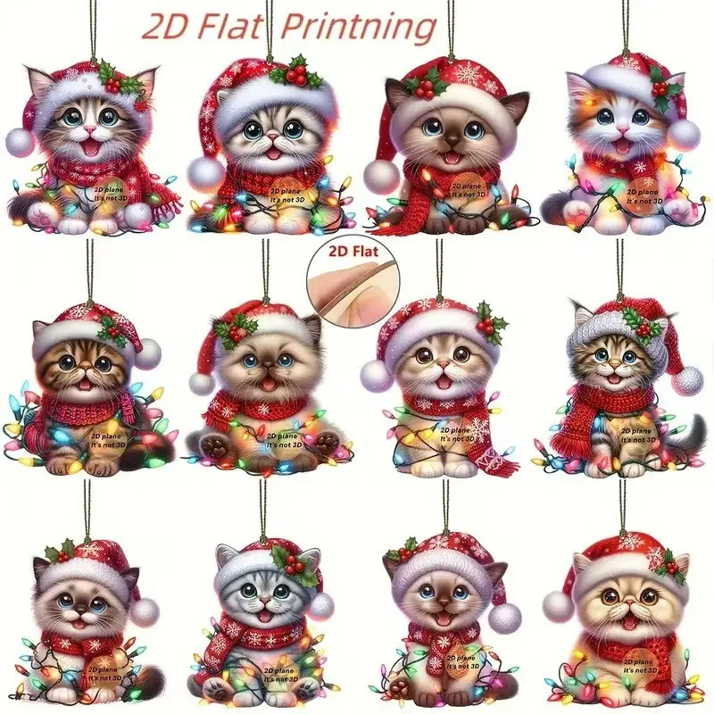 12-Piece Christmas Cat Ornament Set, 2D Flat Dogwood Cat Hanging Decor, Festive Tree Decoration, Cute Holiday Home Decor, Car Ornament, Christmas Gift