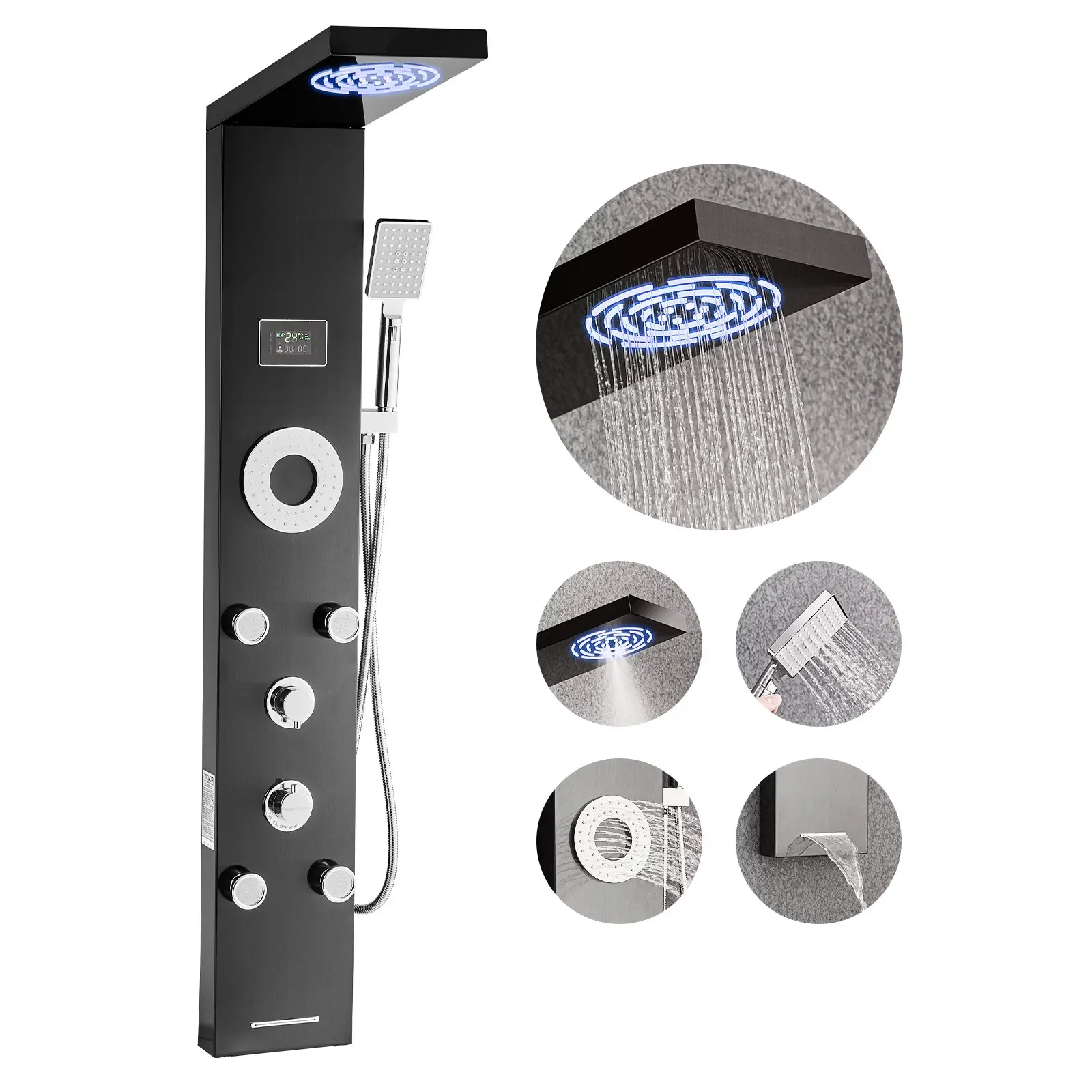 【DealsForYouDays】VEVOR Shower Panel Tower System with Rainfall Shower Head, LED, 53 in Brushed Stainless Steel Shower Column, 6-Function Faucet, Wall-Mount Rain Massage System with 5 Body Jets, Handheld, Tub Spout
