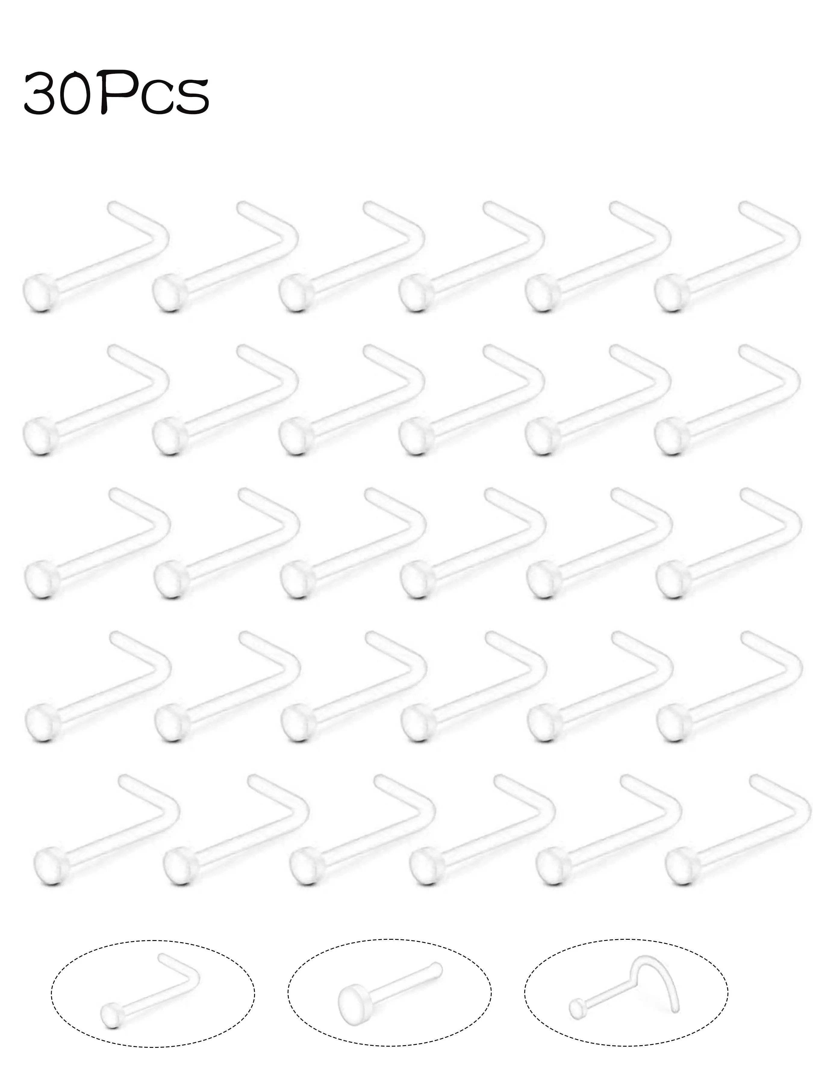 30Pcs Clear Nose Studs Nose Piercing Jewelry for Women Men Hypoallergenic Tiny Nose Rings Piercing Retainers Bioflex Plastic Nose Rings for Surgery Nose Hoop - Flat Top