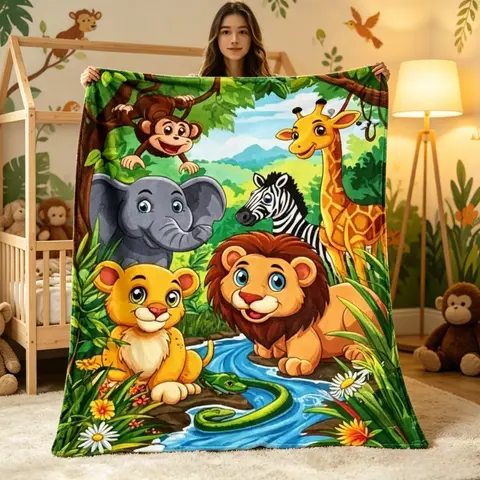Jungle Safari Animals Flannel Throw Blanket Cute Lion Giraffe Elephant Monkey Print Soft Cozy Fleece Blanket Baby Toddler Kids Nursery Decor Blanket Personalized Name Gift Birthday Christmas Baby Shower Animal Lovers Gift
