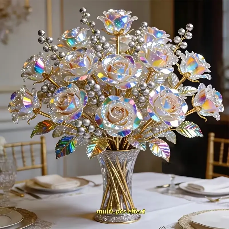 25pcs Artificial Crystal Preserved Roses with Silver Color Berry Branches, Elegant Home Decor, Decorative Flowers, Wedding Gift, Mother's Day Decoration