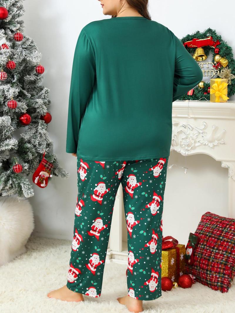 【Plus Size】 Two-Piece Set Letter & Christmas Print Pajama Set, Casual Comfy Round Neck Long Sleeve Top & Pants, Women's Sleepwear for Spring & Fall, Soft Lounge Sets