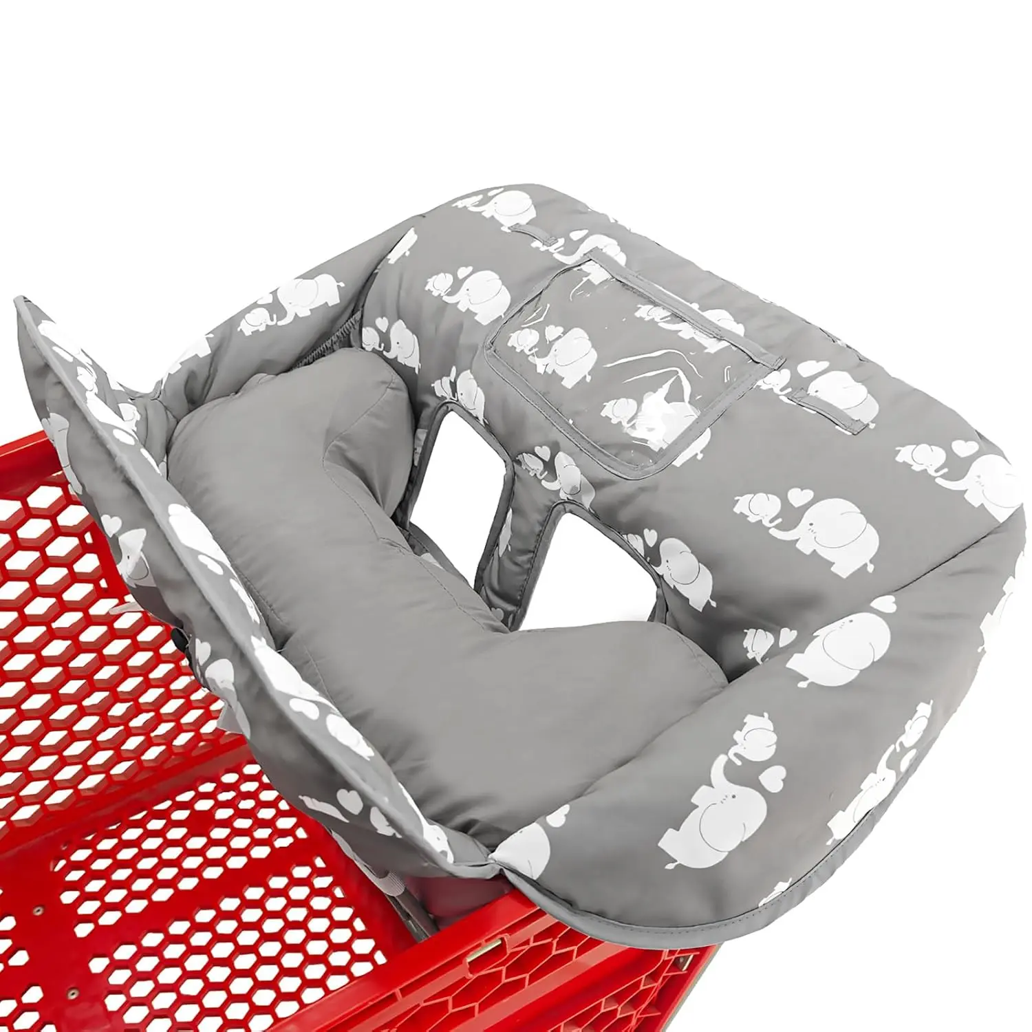 2 in 1 Shopping Cart Cover and High Chair Cover for Baby Soft Padded Cotton Cart Seat Cover Portable Foldable Grocery Cart Seat Cover with Safety Cushion Infant Toddler Shopping Cart Protector Gray Elephant Pattern Carry Bag Included
