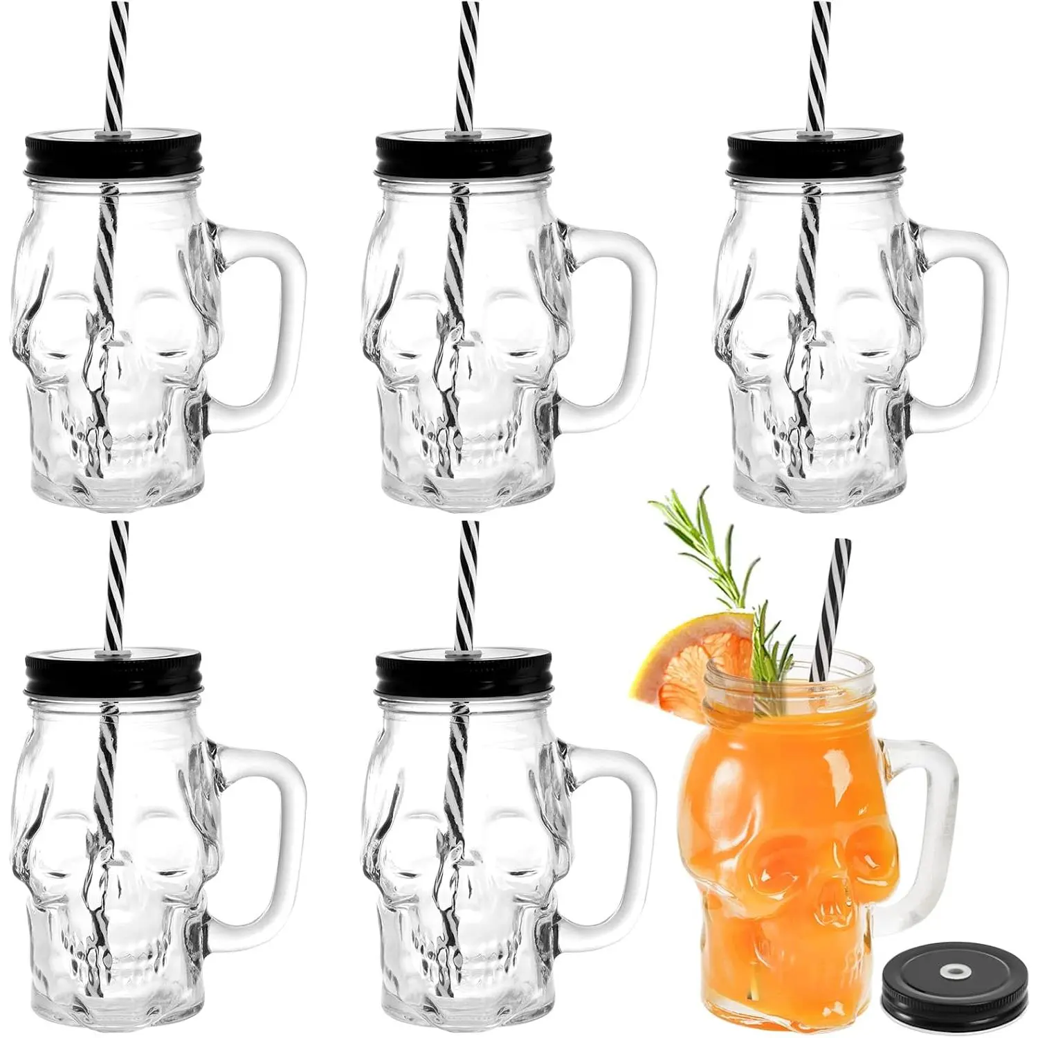 6 Pack Skull Mason Jars with Handle, 16 Oz Glass  Mugs Gothic Wide Mouth Tumbler Cup with Straws and , Novelty Pub Bar Mug Halloween Drinking Glasses for Beverage, , Mix