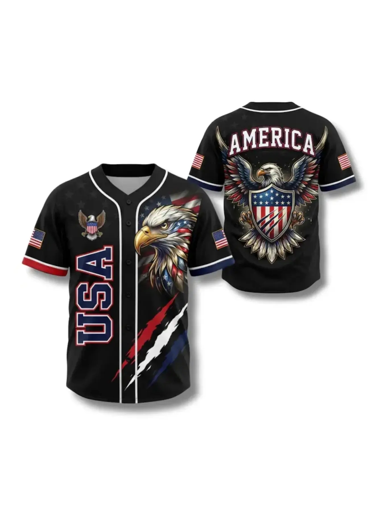 Full-Print American Eagle Baseball Shirt, Casual Baseball Jersey, Patriotic Lapel Button-Up Top, Usa Independence 250th Anniversary Memorial Jersey, 1776–2026 Theme, Jersey Shirts