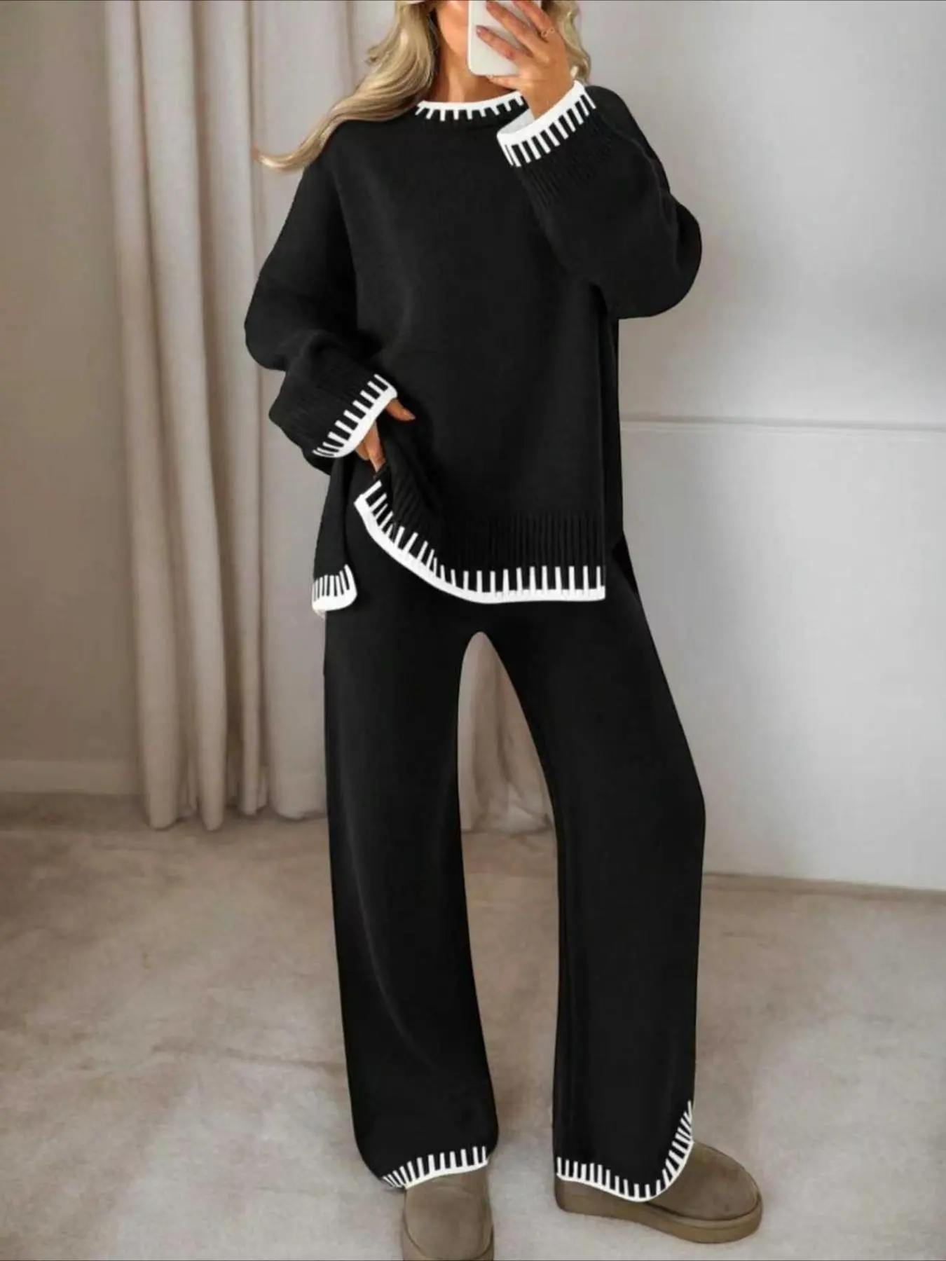 2-Piece Y2K Fashion Women's Set, Loose-Fit Long Sleeve Knit Top and Knitted Pants, Casual Fall Winter Wear, Elegant Colorblock Design