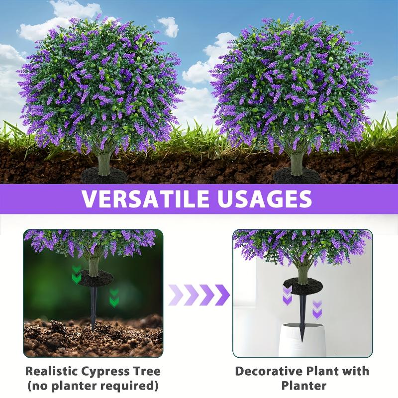 2 Pack Artificial Boxwood Topiary Ball with Lavender, Set Of 2 Artificial Shrub Bushes with Ground Spike, Fake Evergreen Tree for Porch, Artificial Plants for Outdoor Planters Indoor