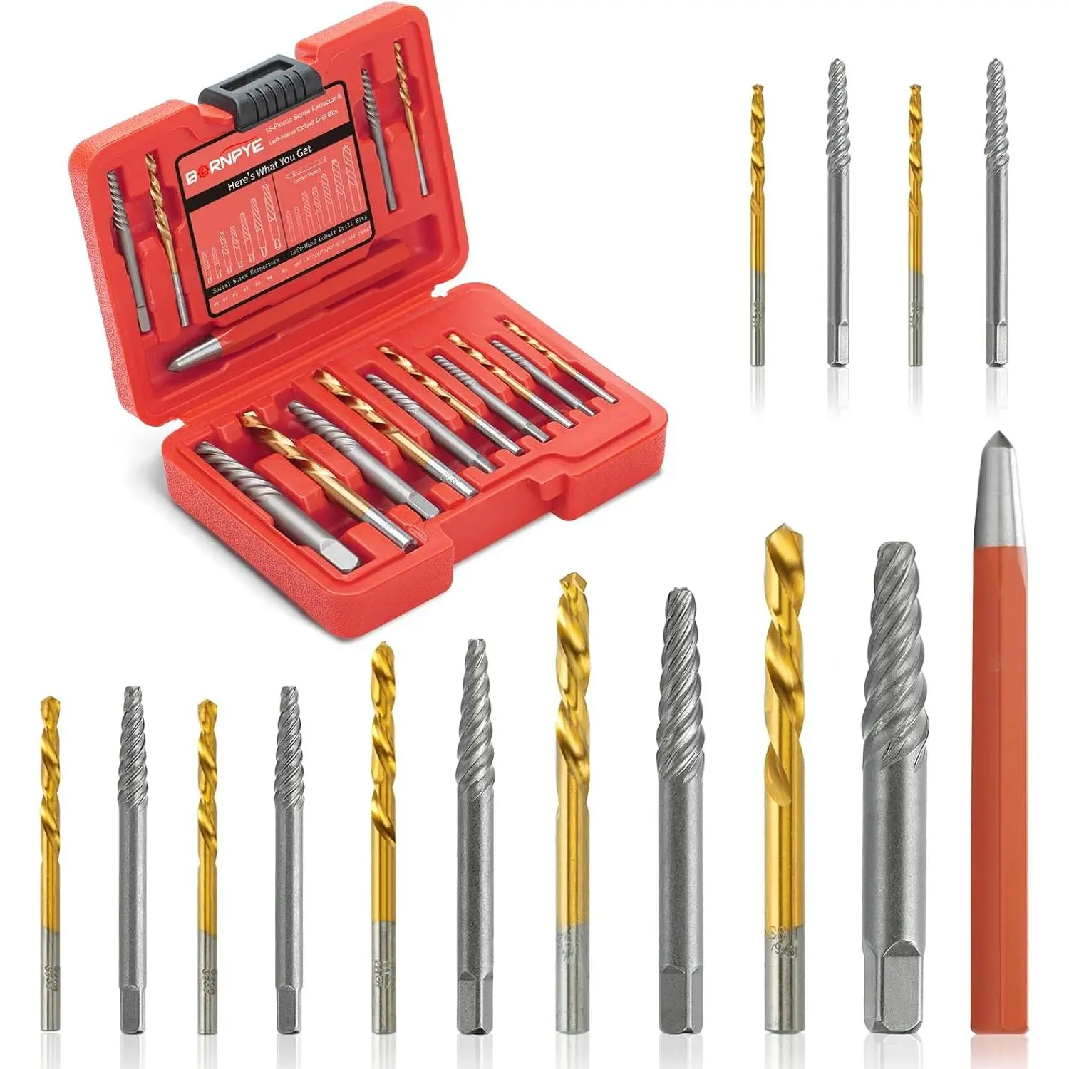 15-Pc Steel Drill Bit Set with Screw Extractor, Power Tool Accessories for Home Repair
