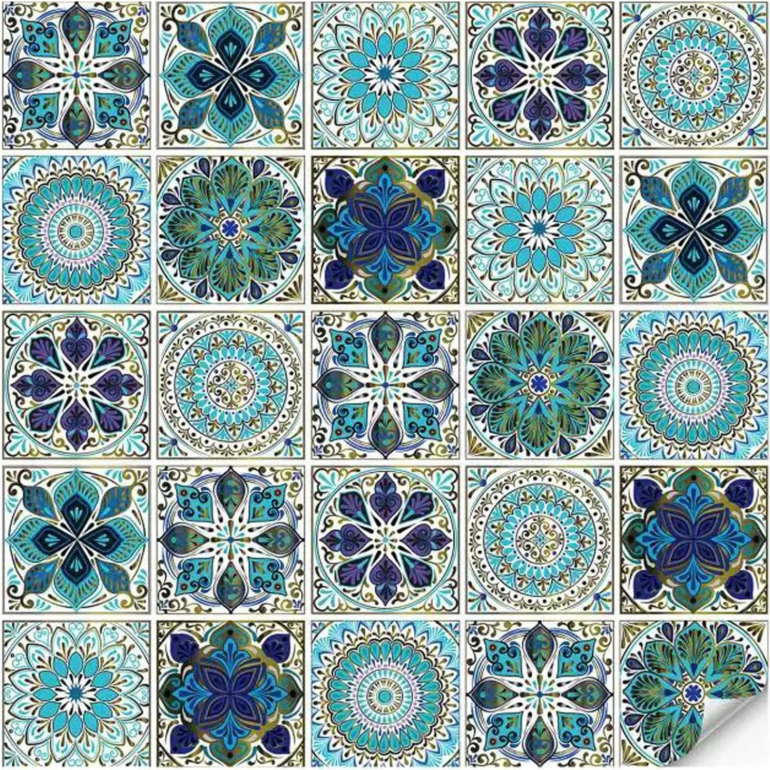 25 count 4x4 Inch Mandala Tile Stickers, Peel and Stick Self Adhesive Removable Moroccan Tiles Backsplash  Oil Proof for Bathroom & Kitchen Wall Stickers  Decor