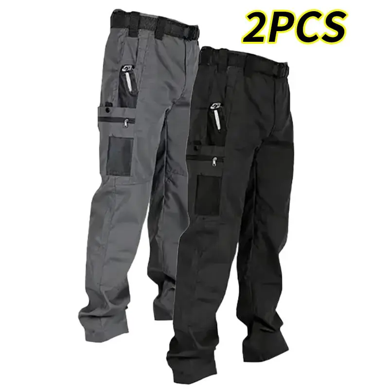 Men's 2-Pack Solid Color Tactical Cargo Pants, Multi-Pocket Design with Zipper Closure, Durable Outdoor Training Trousers, Available in Multiple Colors, Ideal for Outdoor Activities, Hiking, Camping and More, 230 GSM Men's Pants