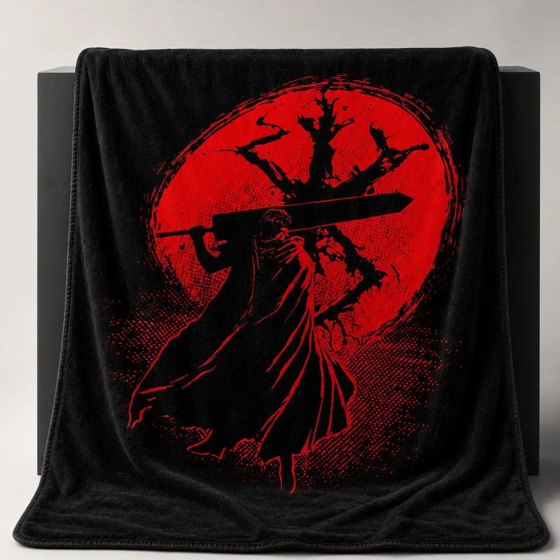 【1 Pack】Dark Anime Red Moon Greatsword Warrior Print Flannel Blanket Berserk Style Guts Blood Moon Branded Swordsman Coral Fleece Throw Black Red Dark Aesthetic Anime Merch Bedroom Sofa Throw Gift