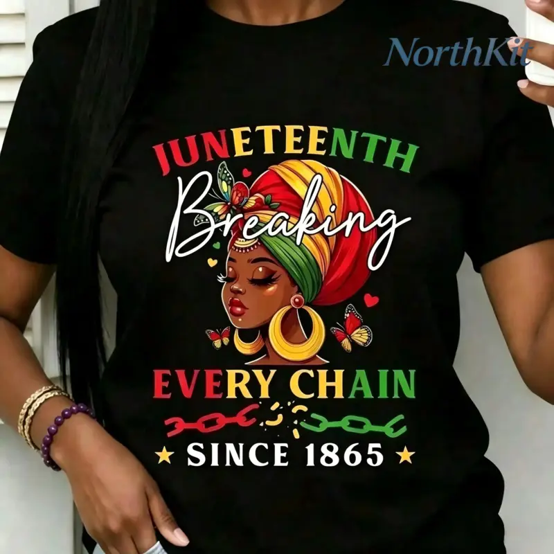 Women Juneteenth Short Sleeve Crew Neck Graphic Tee Casual Streetwear African American Pride Gift Breaking Every Chain Since 1865 Freedom History Nod Sporty Chic Round Neck Lady Tshirt, Shortsleeve, Freedom Message, 1865 History Nod