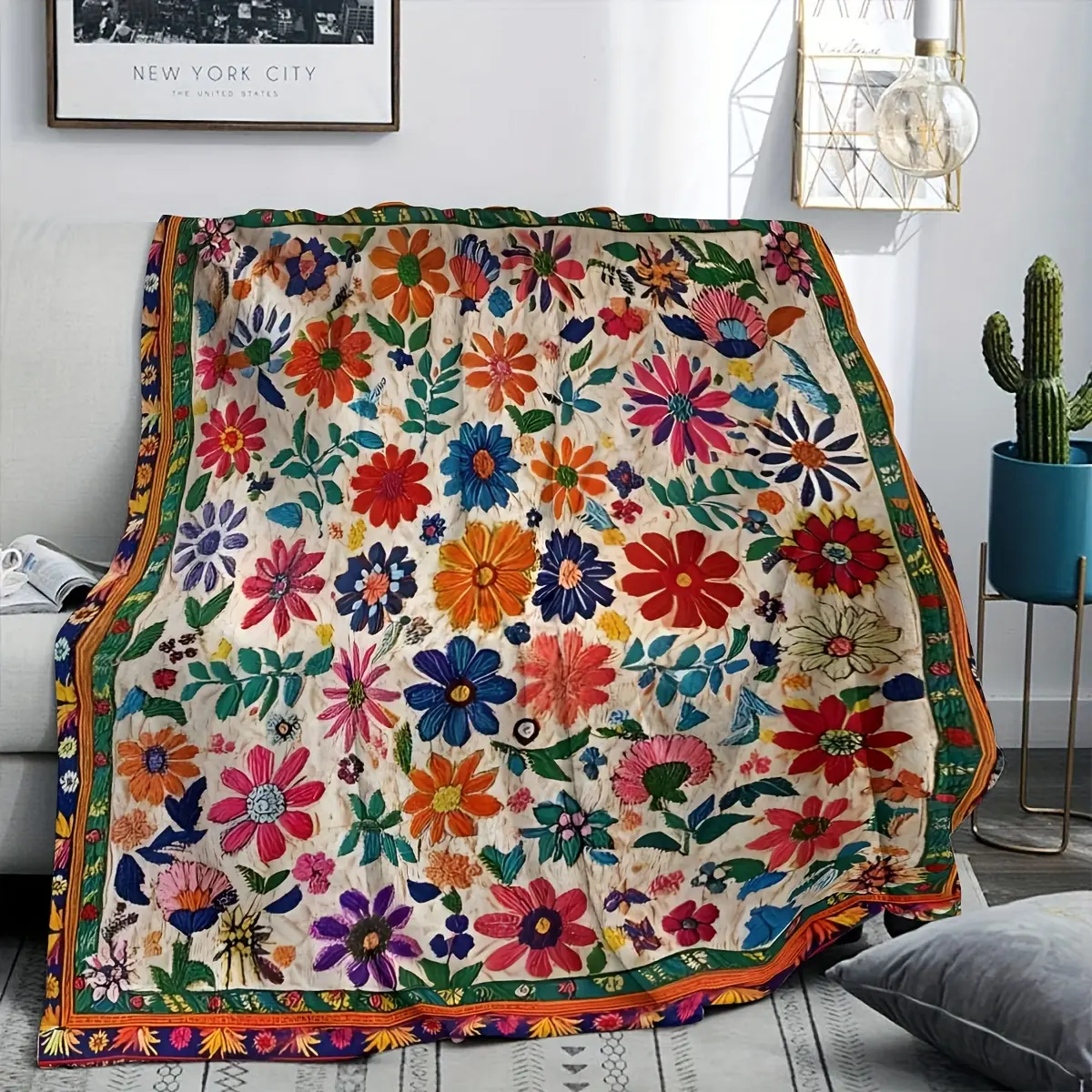 Boho Vibrant Multicolor Wild Floral Embroidery Style Flannel Blanket Soft Plush Warm Throw Blanket, Vintage Mexican Folk Colorful Flower Decorative Couch Bedroom Nap Blanket, Giftable Bohemian Nature Lover Comfort Blanket for All Seasons