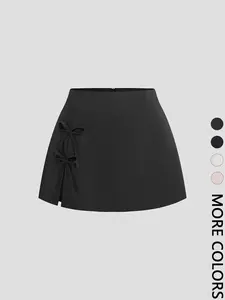 Women's Plain Bowknot Lace-Up Sexy Split A-Line Women Mini Skirt, Spring/Summer Design，Bowknot，Wearing leggings/ Valentine's Day Date & Party