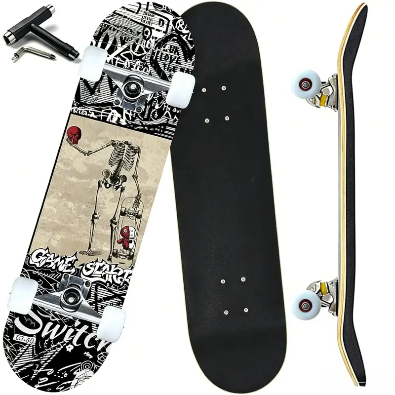 Beginner Complete Skateboard 31"x8" 7 Layer Canadian Maple Double Kick Concave Skateboard for Girls Boys Youths Adults Beginner-Friendly