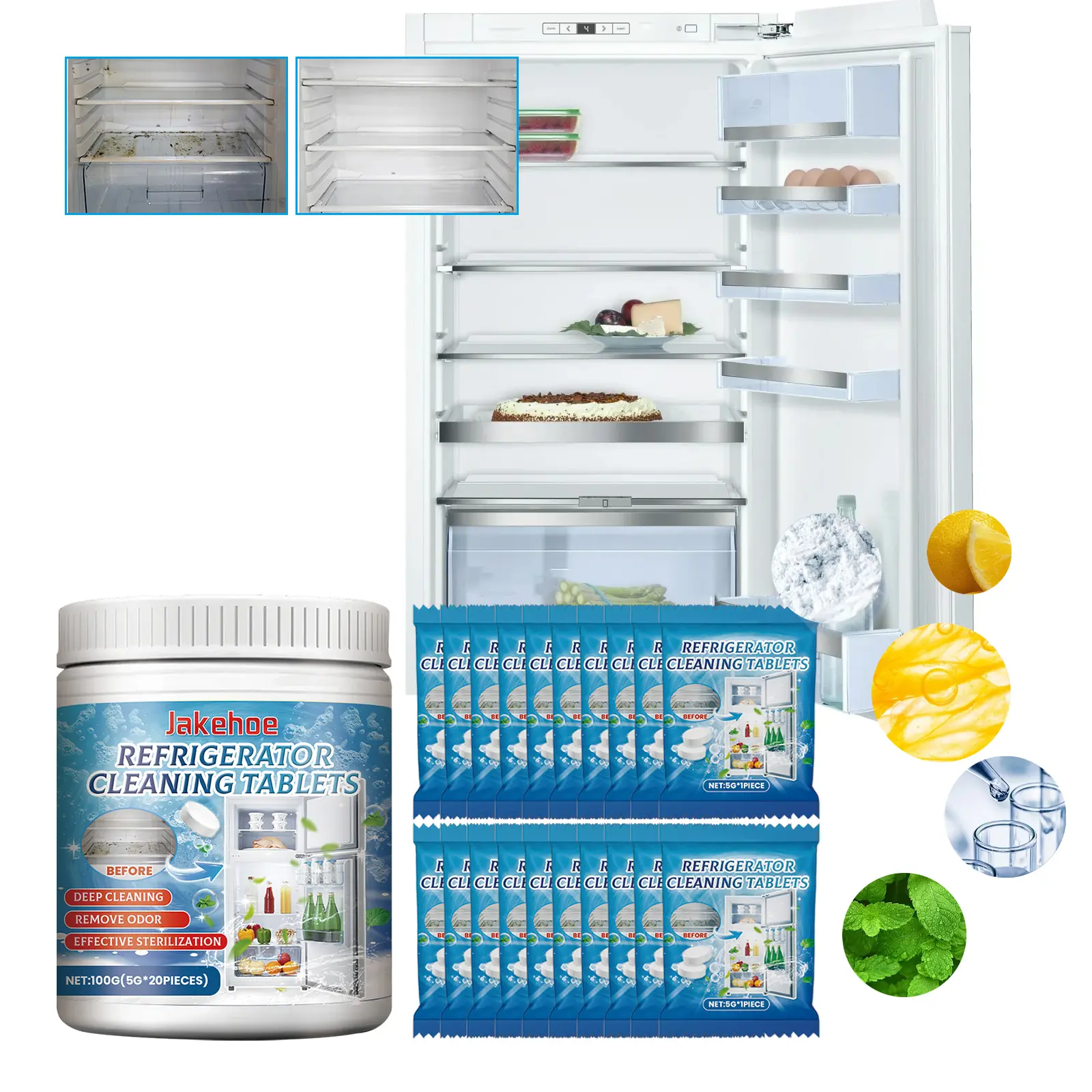 Jakehoe Refrigerator Cleaning Tablets, Refrigerator Freezer Deep Cleaning Descaling Go Dirt Odor Effervescent Tablets
