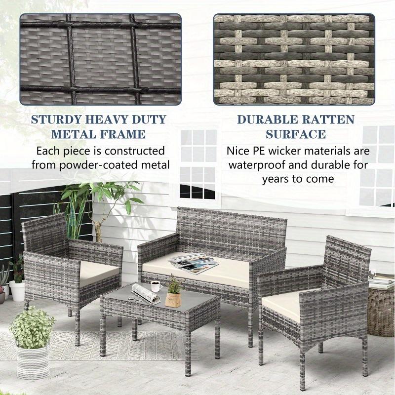 4 Pieces Patio Conversation Set, Outdoor Wicker Rattan Patio Furniture Set with Cushion and Table for Lawn Backyard, Garden, Balcony, Porch and Poolside