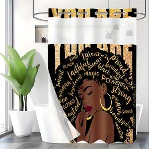 LVRLVR 1pc Glam Black Gold Glitter Empowering Melanin Woman Shower Curtain, Solid Black Background Afro Lady Positive Self-Worth Golden Script Affirmation Text Portrait Print, Sheer Top Light Window, Detachable Liner & Hook-Free Integrated C-Ring, 70.8" x