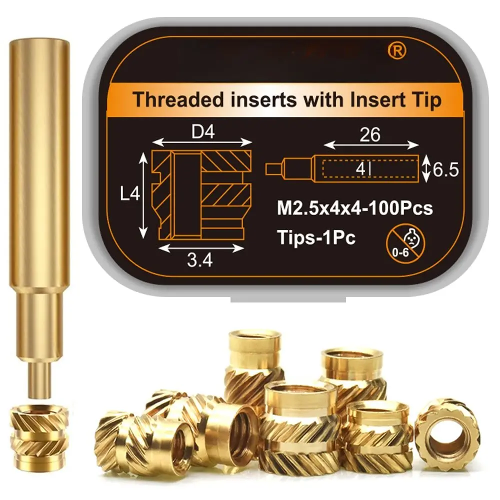 Threaded Inserts with M2-M8 Heat Set Insert Tools,Brass Metric Knurled Nuts for  Printing Components and Plastic  (M2.5x4x4-100Pcs)