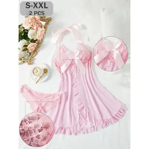 Sizzling Lingerie Set with Sheer Mesh Robe & Satin Ties!Perfect for home/hotel vibes.Ideal Valentine's Gift