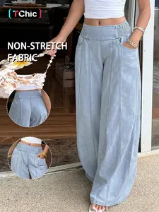 Women Elastic Smocked High Waist Wide Leg Jeans, Light Wash Non-Stretch Denim Jeans, Casual Loose Fit with Side Pockets, Y2K Streetwear