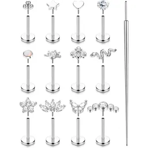 13Pcs 14K Gold Plated Push in Stud Earrings, 316L Surgical Steel Flat Back Threadless Earrings, Hypoallergenic Tragus Helix Conch Nose Ring Piercing Jewelry for Women, 20G 18G 16G