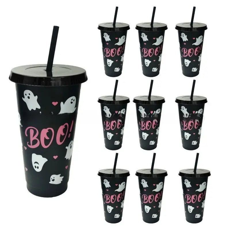 5/10PCS23.67 oz Halloween plastic cup with straw and lid ghost pattern suitable for Halloween party decoration or commemorative water cup