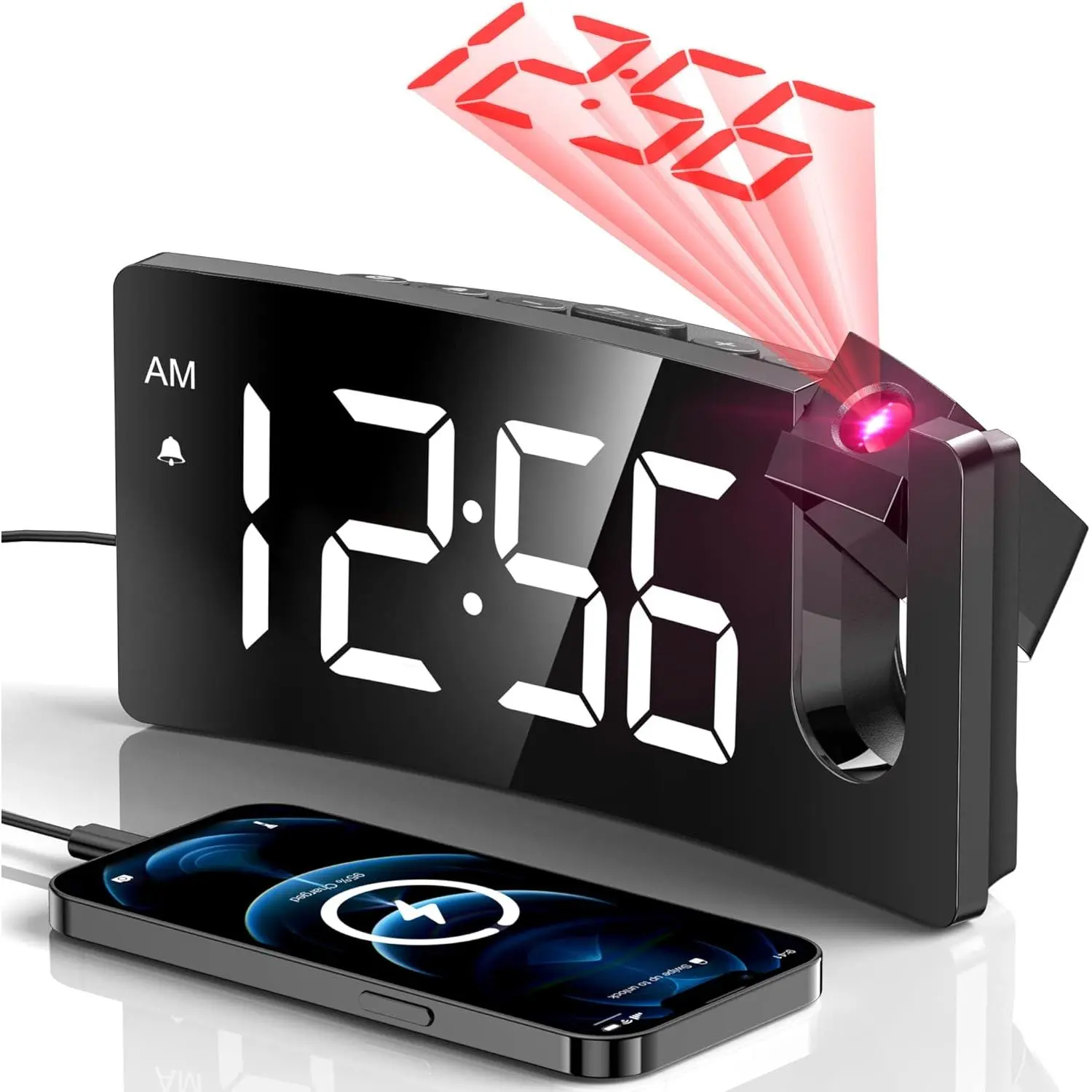 Projection Alarm Clock, Clock with 180° Rotatable Projector, 3-Brightness Dimmer, Clear LED Display, USB Charger, Volume, 9mins Snooze,12/24H, Alarm Clock for Bedroom | 180° Rotatable Projector, 3-Brightness, Blue LED Display, Volume, 9mins Snooze, 12/24H