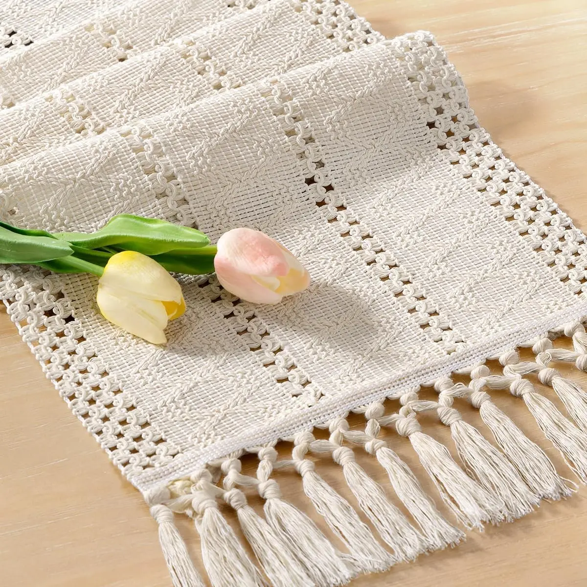 Rustic Boho Macramé Fringe Table Runner, Small Woven Cotton-Linen 12x72 in Beige, Farmhouse Dining Kitchen Coffee Table Centerpiece, Dresser Scarf Home Decor, Rectangular