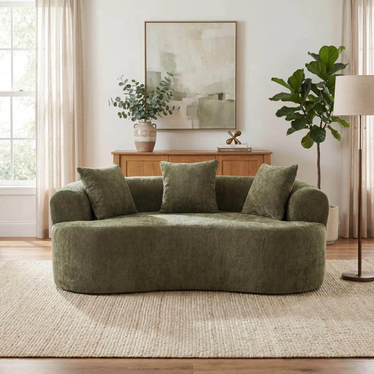 Crescent-shaped sofa, modern low-back design with deep cushions