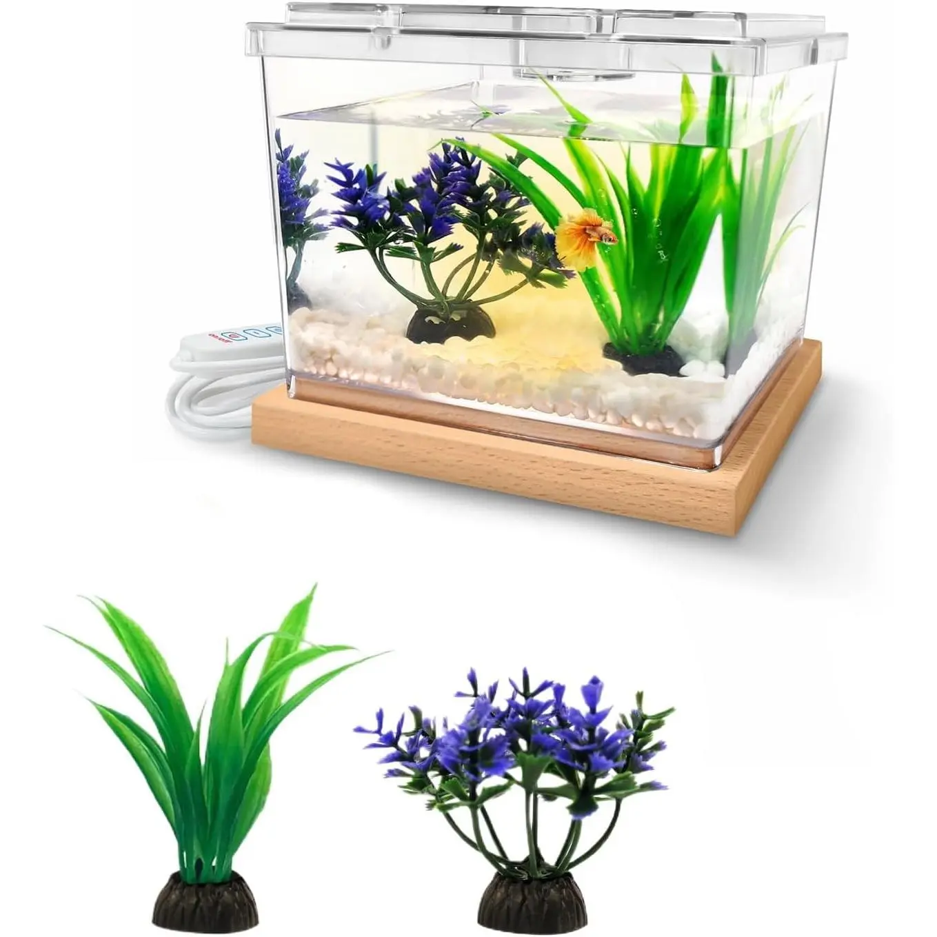 MoonOrange Mini Betta Fish Tank Kit with LED Light Base, 0.2 Gallon Temporary Holding Tank with Artificial Plants (Kit-2)