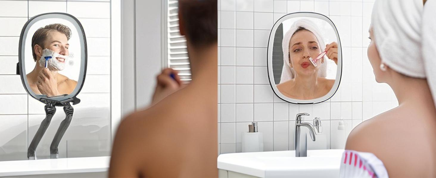 Shaving Mirror for Shower Fogless, Heated Anti-Fog Mirror with 3-Color Dimmable LED Lights, 360° & 2 Weeks Runtime 5000mAh, Shower Mirror for Shaving Men, 2 Razors Holders