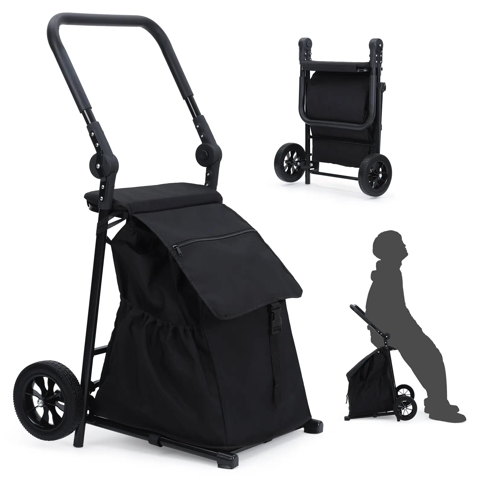 GARVEE2-in-1 Foldable Grocery Cart and Heavy Duty Hand Truck with Cushioned Seat, Removable Waterproof Bag, and Portable Trolley Dolly Utility Cart for Easy Rolling Shopping
