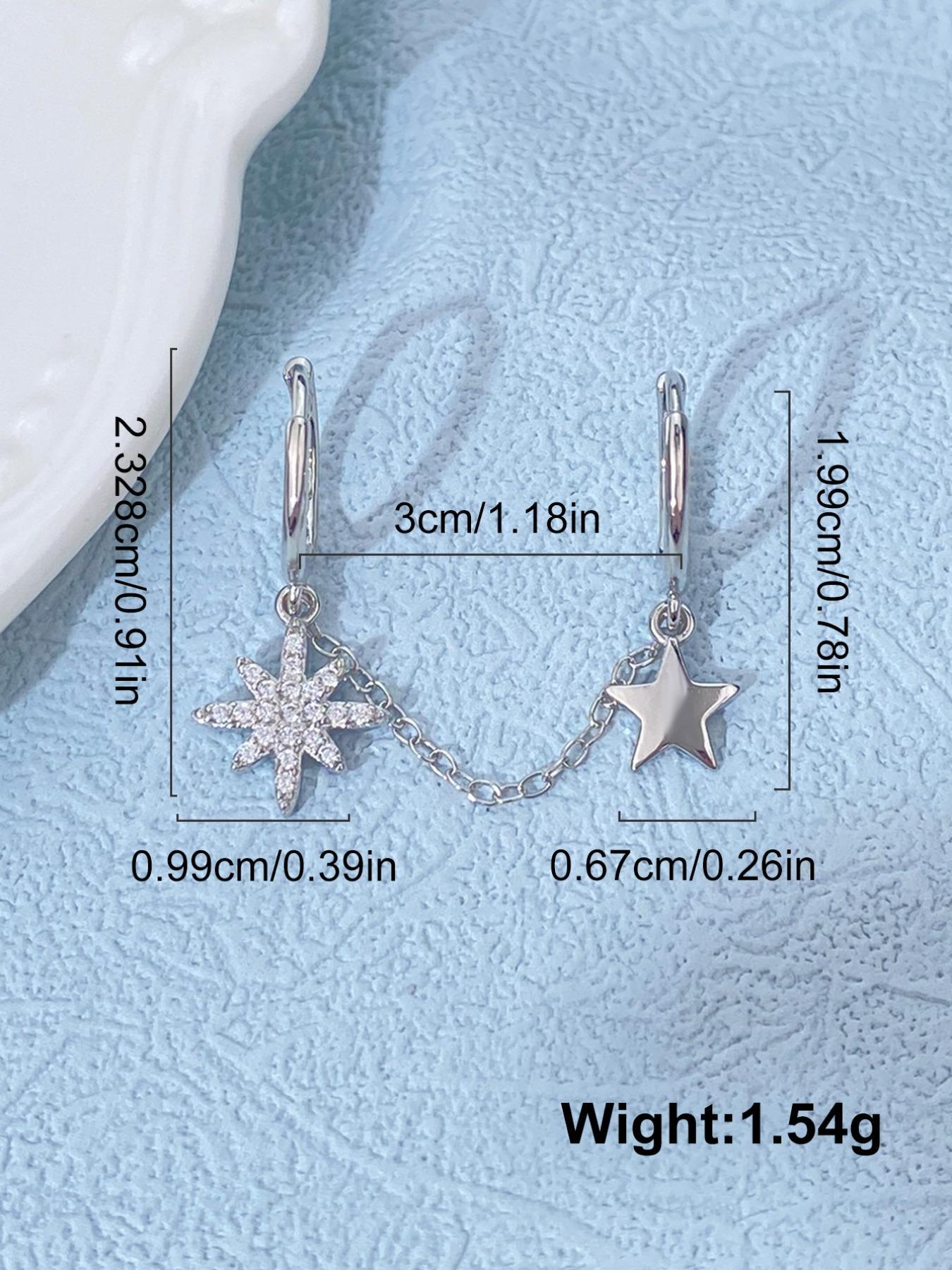 925 Sterling Silver Chain Design Earrings, Double-Threaded Eight-Pointed Star Zircon Drop Earrings, Stud Earring for Women, Fine Jewelry Gift, Elegant Minimalist Earrings