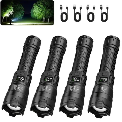4-Pack Led Rechargeable Flashlights with High Lumens, Portable Handheld Flashlight with Telescopic Zoom, Handheld Zoomable Flashlight, Power Indicator and Emergency Ready, Three Lighting Modes for Outdoor, Camping, Work and Emergency Lighting