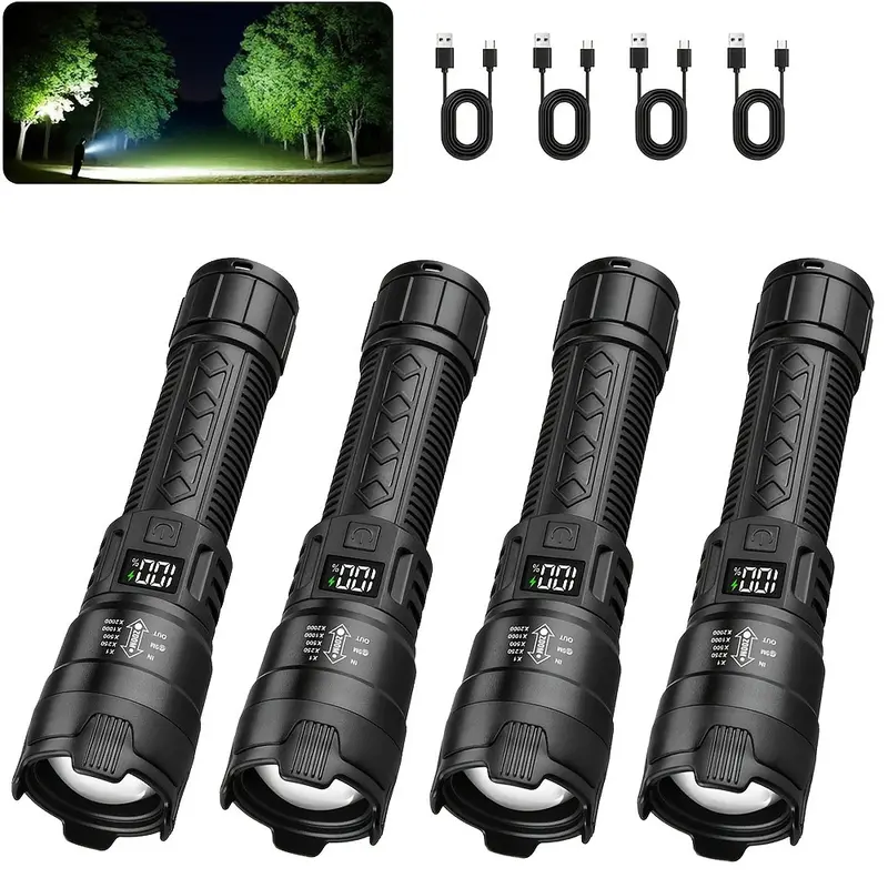 4-Pack Led Rechargeable Flashlights with High Lumens, Portable Handheld Flashlight with Telescopic Zoom, Handheld Zoomable Flashlight, Power Indicator and Emergency Ready, Three Lighting Modes for Outdoor, Camping, Work and Emergency Lighting