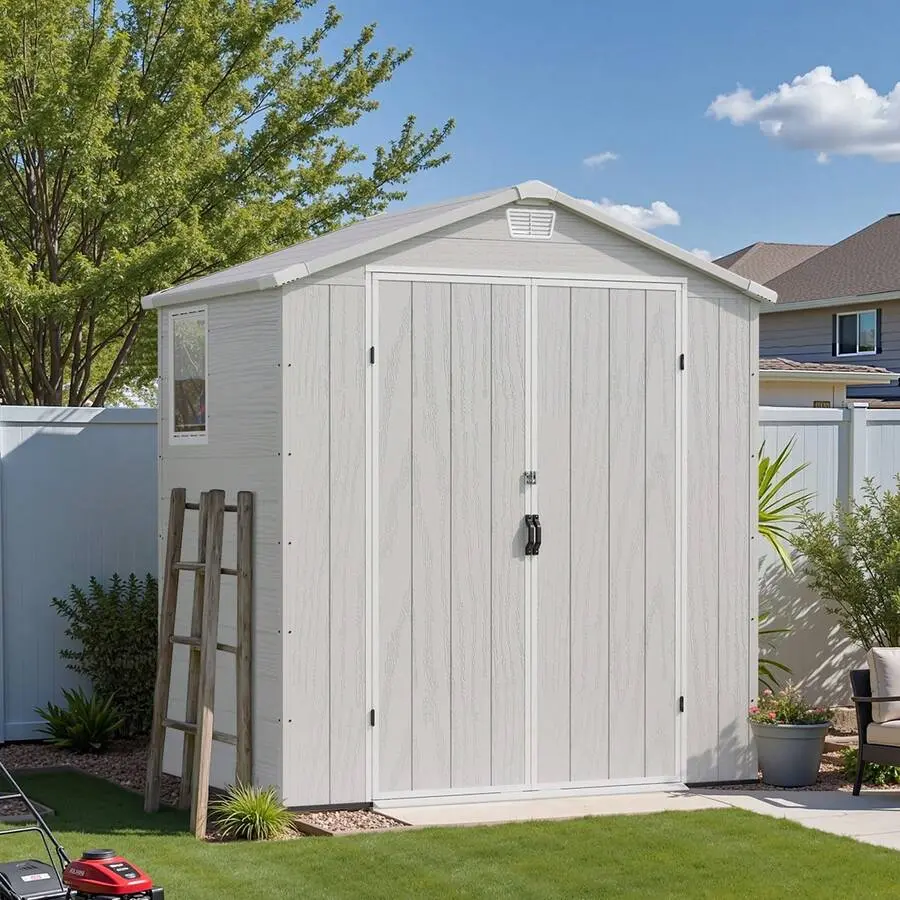 Flamaker 6x4 FT Outdoor Storage Plastic Shed With Floor, Tool Storage Shed With Design Of Lockable Doors, Light Grey