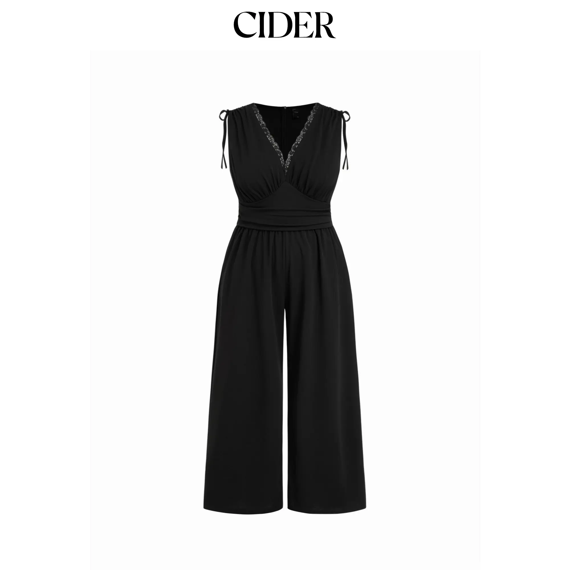 Cider V-neck Lace Trim Ruched Bowknot Mid Rise Wide Leg Jumpsuit