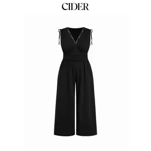 Cider V-neck Lace Trim Ruched Bowknot Mid Rise Wide Leg Jumpsuit Curve & Plus