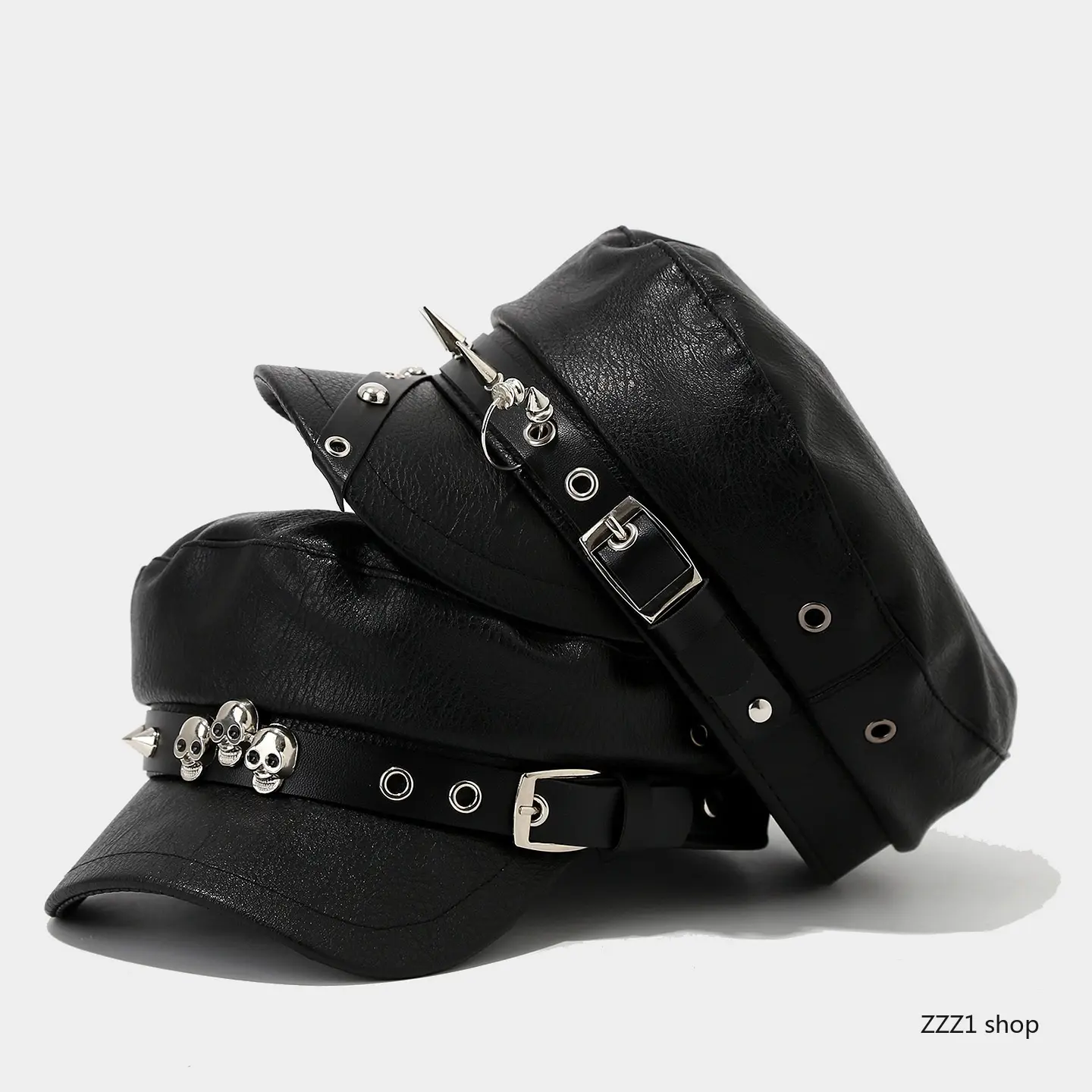 Women's Goth Punk Fiddler Cap, Black PU Leather Military Hat with a Vintage Edge, Detailed with Metal Rivets, Skull & Spikes for Party Wear