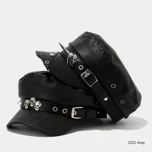Women's Goth Punk Fiddler Cap, Black PU Leather Military Hat with a Vintage Edge, Detailed with Metal Rivets, Skull & Spikes for Party Wear