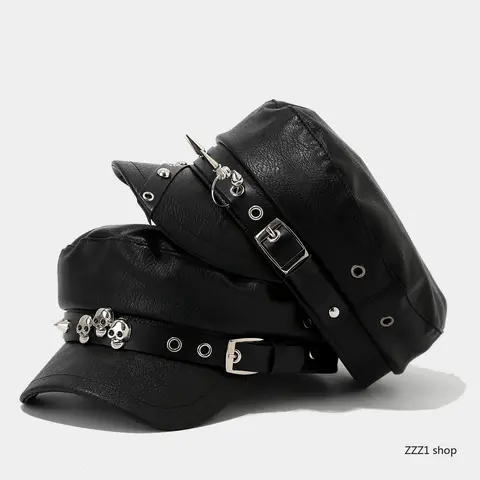 Women's PU Leather Fiddler Dress Up Hat - Goth Punk Military Edgy Sports & Outdoor Cap, Auspicious Women's Accessory Detailed with Skull Spikes, Metal Rivets for Party Wear