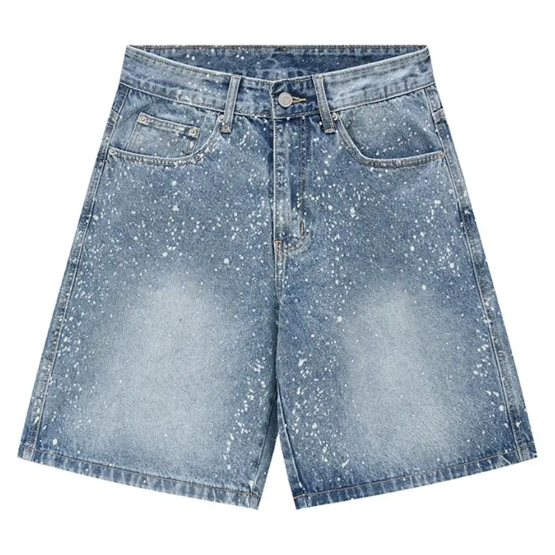 Men's Gradient Washed Starry White Splatter Denim Five-Inch Shorts, All-over Tiny White Spot Spray Craft, Classic Five-Pocket Denim Cut, Stiff Denim Fabric, Street Trendy Casual Mid Shorts#SummerWins#fathersdaygift
