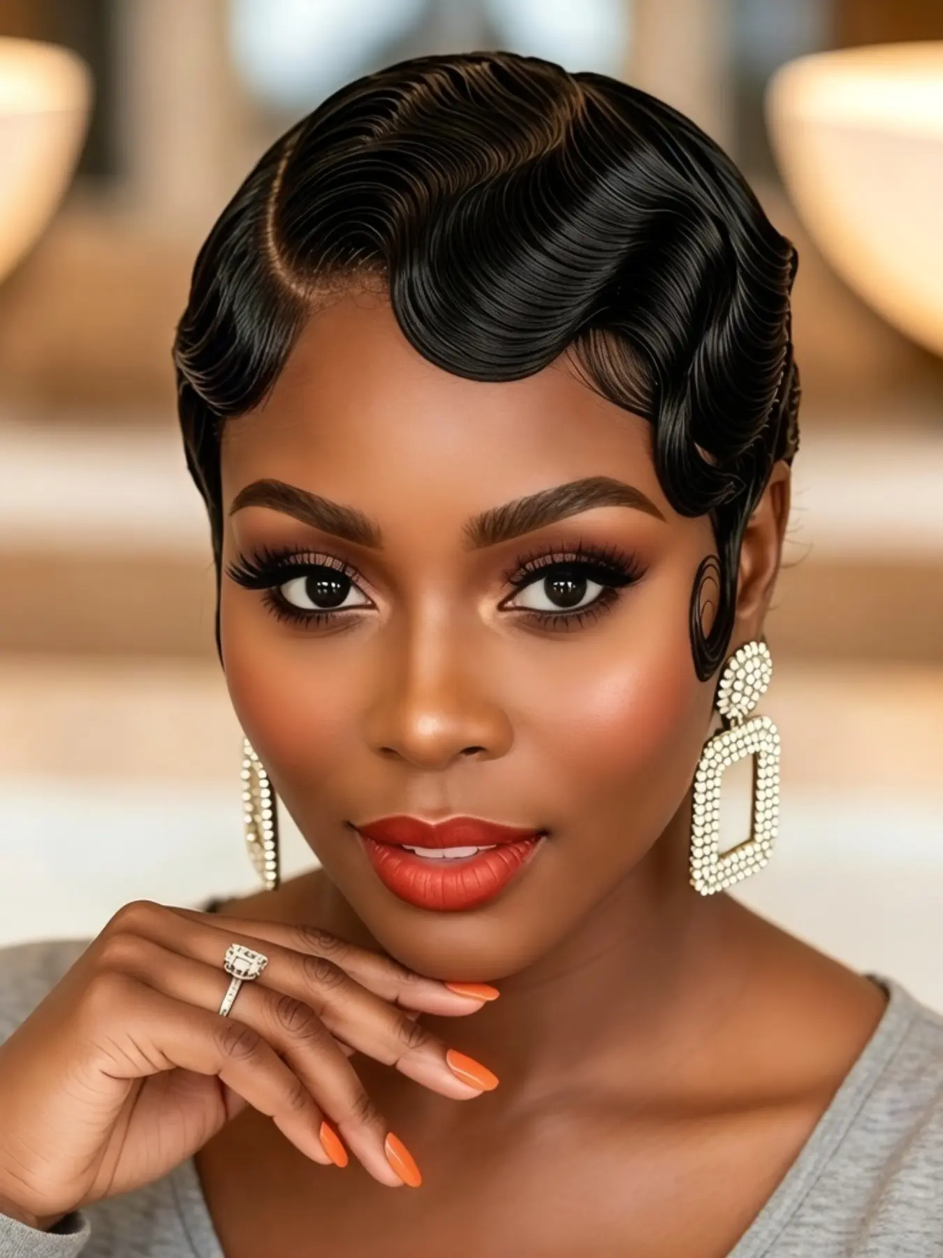 13x4 Side Part Finger Wave Human Hair Lace Front Wig, 180% Density, Short Wigs for Women, Natural Look, Curly Hair Style, Kinky Curly Hair, Curly Frontal Wigs