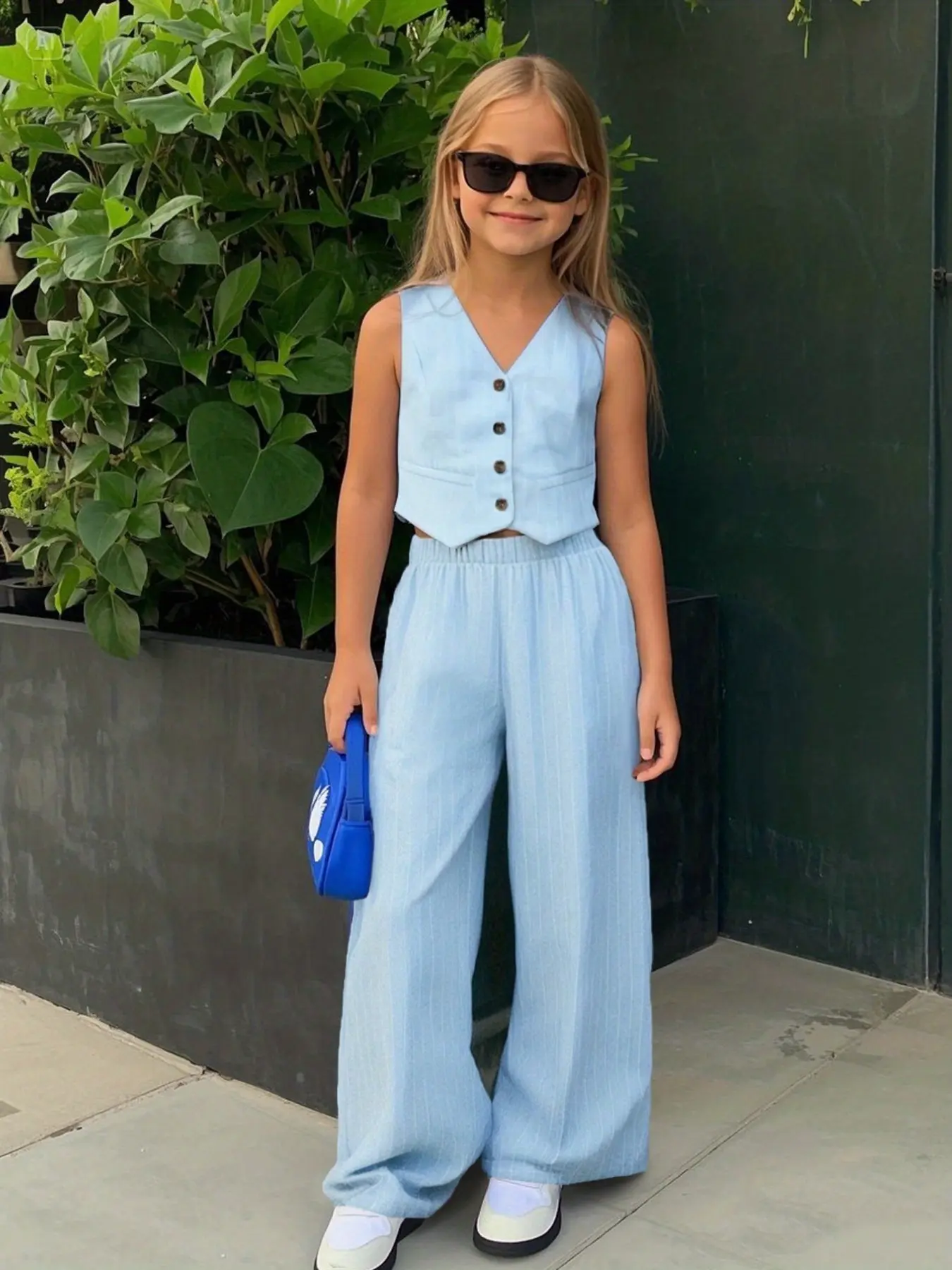 Girls Sky Blue Button Vest and Suit Pants Set, Clothes Kids, Fashionable, Elegant Summer Outfits Set Kids Clothing, Perfect for Casual and Vacation