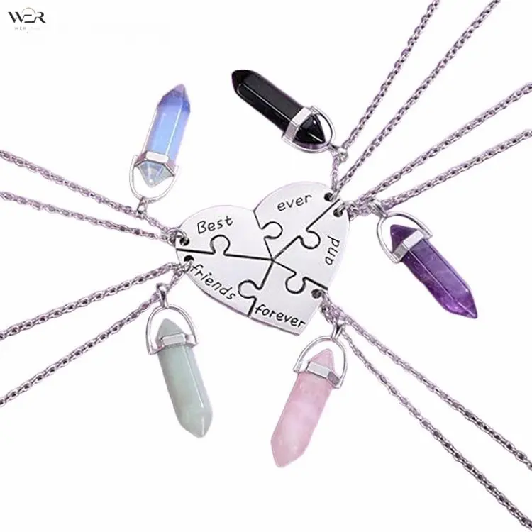 Women’s 5-Piece Non-Natural Crystal Column Heart Puzzle BFF Necklace Set, Alloy-Spliced Keepsake Costume Jewelry, Trendy Statement Accessory for Daily Wear, Gifting