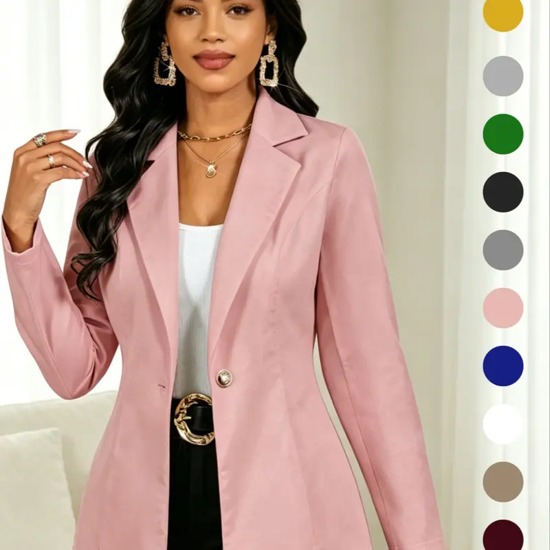 Women's White Tailored Blazer with Notched Lapels, Fitted Long-Sleeve Single-Button Design for Business and Office Wear