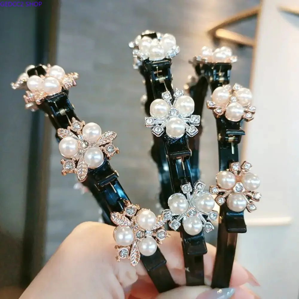 Flower Pearl Braiding Headband, All-In-One Bang Fix Hair Clip, Lazy Styling Hairband for Women